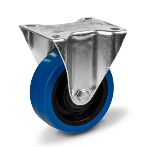B_EKK080BL Roata fixa din cauciuc elastic vulcanizat 80 mm - B/EKK080BL Furca din otel, zincata, ax din surub filetat. Suprafata de de rulare din cauciuc elastic vulcanizat, albastru, non marking, janta din poliamida, rulment cu bile.
