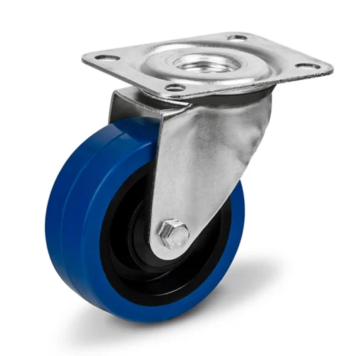 L/EKK100BL Roata pivotanta cauciuc elastic 100 mm - L/EKK100BL Janta din poliamida neagra, rulment cu bile. Suprafata de rulare din cauciuc elastic vulcanizat, culoare albastra, non marking..