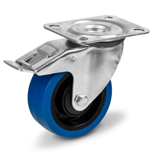 L_EKK080_BL_F Roata pivotanta cu frana cauciuc elastic 80 mm - L/EKK080BL/F Janta din poliamida neagra, rulment cu bile. Suprafata de de rulare din cauciuc elastic vulcanizat, culoare albastra, non marking.