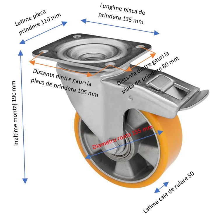 Roata pivotanta cu frana din poliuretan 150 mm - L/PAK150/F 2 Roata pivotanta cu frana din poliuretan L PAK150 F Roata pivotanta cu frana din poliuretan