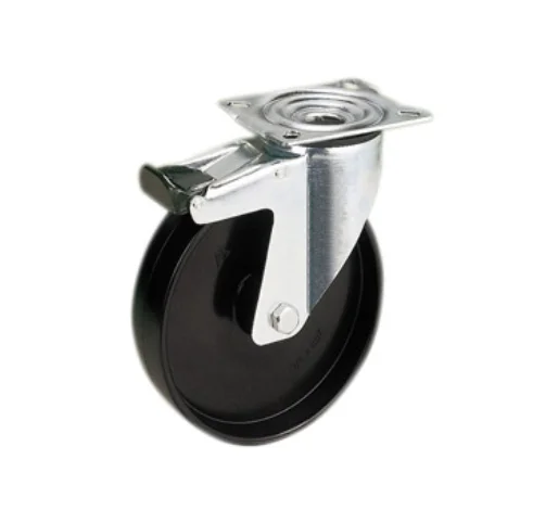 Roata pivotanta cu frana din polipropilena 80 mm - LA/AKG080 Roata pivotanta cu frana din polipropilena 80 mm - LA/AKG080 Furca din otel, zincata, doua randuri de bile in capul pivotant, ax din surub filetat. Roata din polipropilena cu rulment plan.