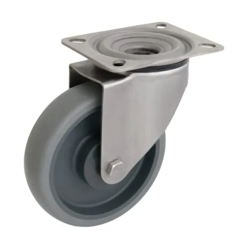 LN/AVSK080 Roata pivotanta inox cauciuc termoplastic 80 mm - LN/AVSK080 Furca inoxidabila, cromata, doua randuri de bile in capul pivotant, ax din surub filetat. Suprafata de de rulare din cauciuc termoplastic non-marking, janta din polipropilena, un singur rulment cu bile central.